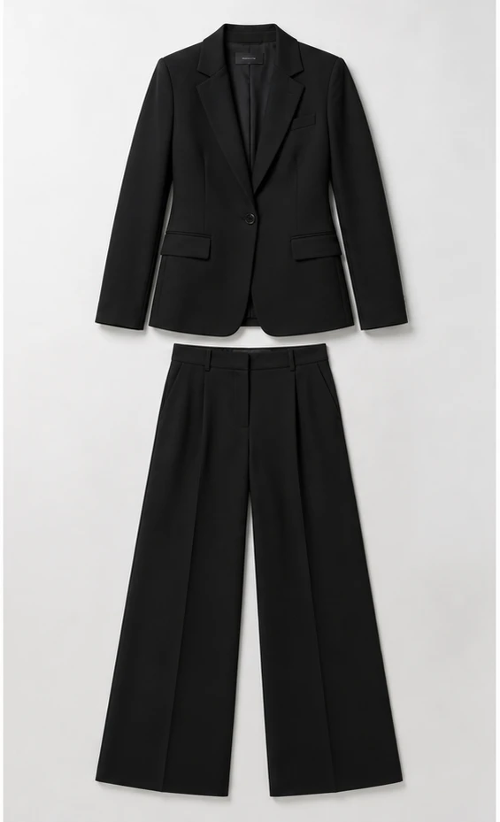 Black blazer and trousers clothing reference