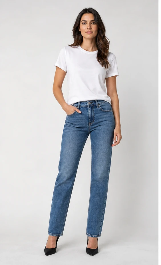 Woman in a white t-shirt and jeans